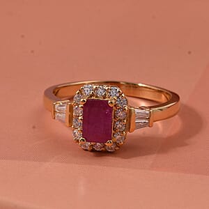 D'Joy Montepuez Ruby, Moissanite Ring in 18K Vermeil YG Over Sterling Silver 1.00 ctw (Size 8.0)