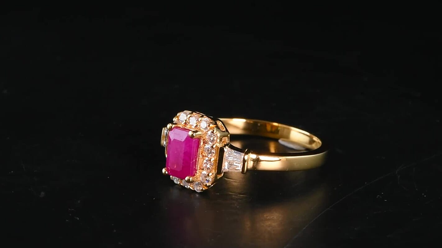 D'Joy Mozambique Ruby, Moissanite Royal Frame Ring in 18K Vermeil YG Over Sterling Silver (Size 10.0) 1.00 ctw