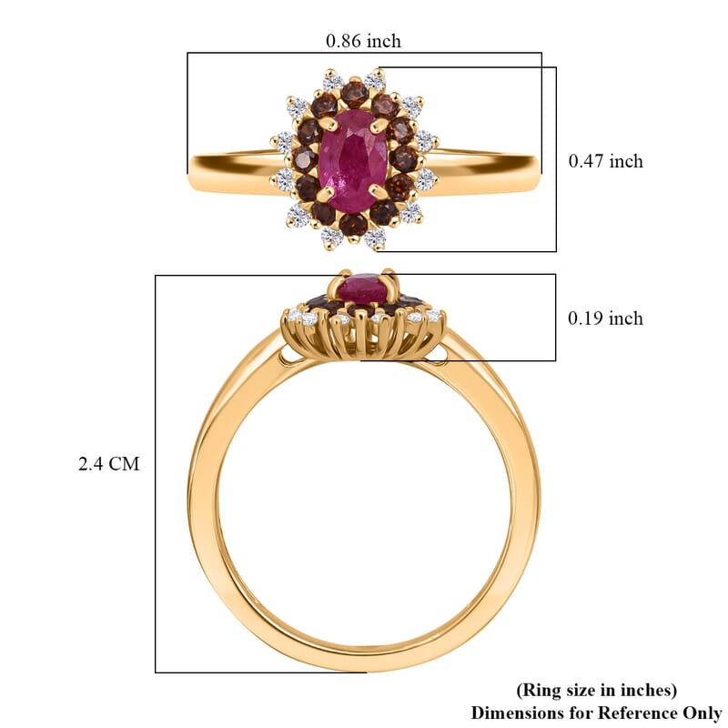 D'Joy Montepuez Ruby, White and Coffee Zircon Ring in 18K Vermeil YG Over Sterling Silver 1.15 ctw (Size 6.0)
