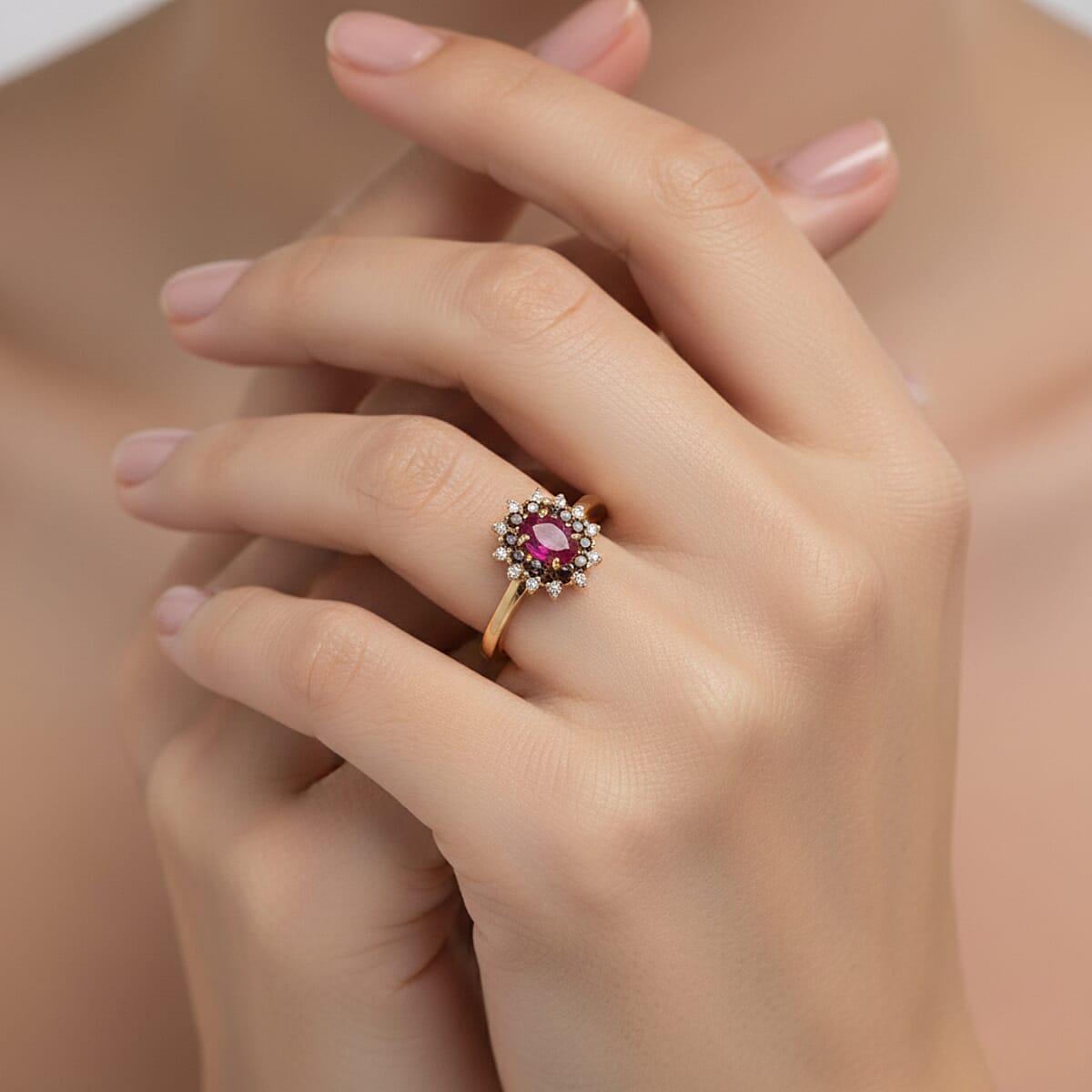 D'Joy Montepuez Ruby, White and Coffee Zircon Ring in 18K Vermeil YG Over Sterling Silver 1.15 ctw (Size 7.0) (Del. in 7-10 Days) image number 2