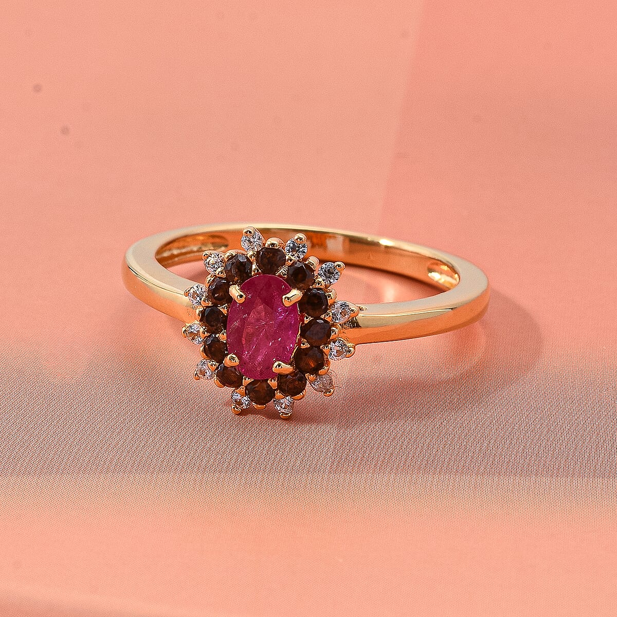 D'Joy Montepuez Ruby, White and Coffee Zircon Ring in 18K Vermeil YG Over Sterling Silver 1.15 ctw (Size 8.0) image number 1