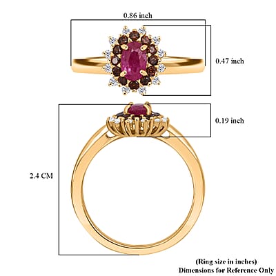 D'Joy Montepuez Ruby, White and Coffee Zircon Ring in 18K Vermeil YG Over Sterling Silver 1.15 ctw (Size 8.0)