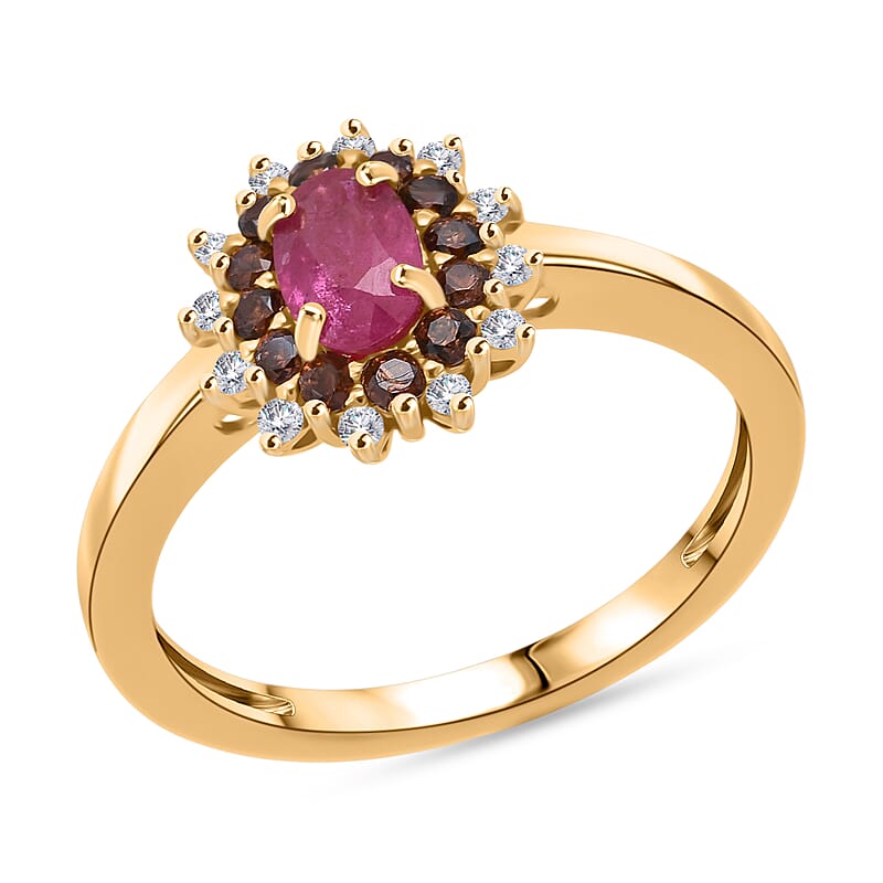D'Joy Montepuez Ruby, White and Coffee Zircon Ring in 18K Vermeil YG Over Sterling Silver 1.15 ctw (Size 9.0)