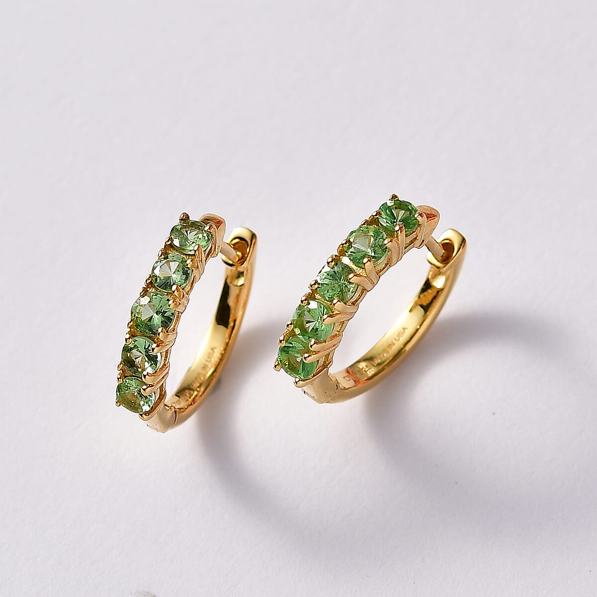 D'Joy Premium Tanzanian Mint Garnet 1.25 ctw Sparkle Hoop Earrings in 18K Vermeil Yellow Gold Over Sterling Silver image number 1