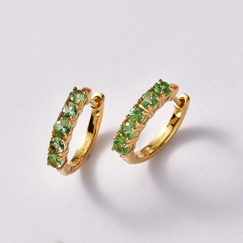 D'Joy Premium Tanzanian Mint Garnet 1.25 ctw Sparkle Hoop Earrings in 18K Vermeil Yellow Gold Over Sterling Silver