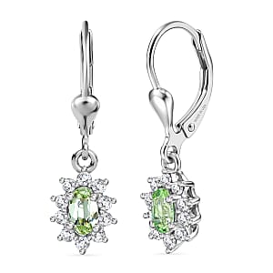 D'Joy Premium Tanzanian Mint Garnet and White Zircon 0.90 ctw Oval Sunburst Halo Earrings in Rhodium Over Sterling Silver