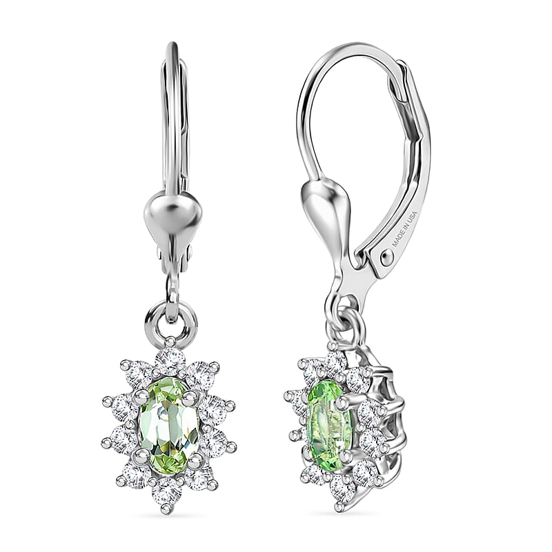 D'Joy Premium Tanzanian Mint Garnet and White Zircon 0.90 ctw Oval Sunburst Halo Earrings in Rhodium Over Sterling Silver