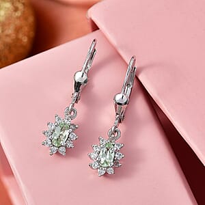 D'Joy Premium Tanzanian Mint Garnet and White Zircon 0.90 ctw Oval Sunburst Halo Earrings in Rhodium Over Sterling Silver