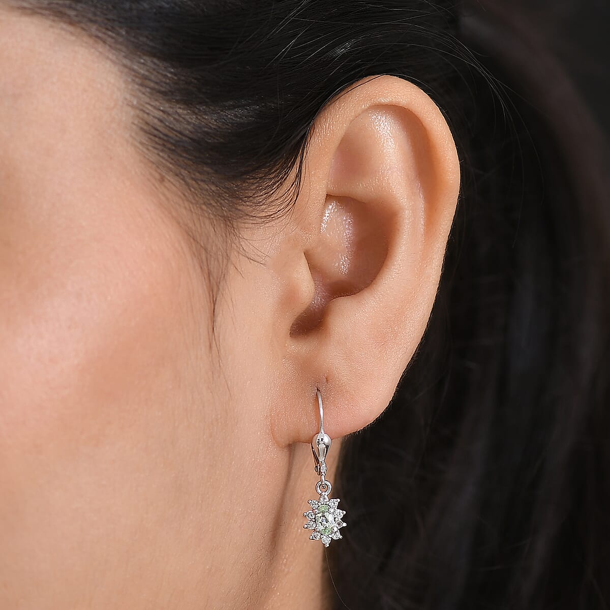 D'Joy Premium Tanzanian Mint Garnet and White Zircon 0.90 ctw Oval Sunburst Halo Earrings in Rhodium Over Sterling Silver image number 2