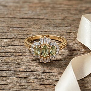 D'Joy Premium Tanzanian Mint Garnet and Moissanite 1.00 ctw Three-Stone Celebration Ring in 18K Vermeil Yellow Gold Over Sterling Silver (Size 10.0)