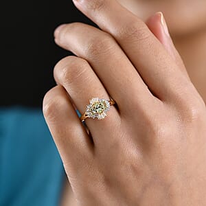 D'Joy Premium Tanzanian Mint Garnet and Moissanite 1.00 ctw Three-Stone Celebration Ring in 18K Vermeil Yellow Gold Over Sterling Silver (Size 10.0)