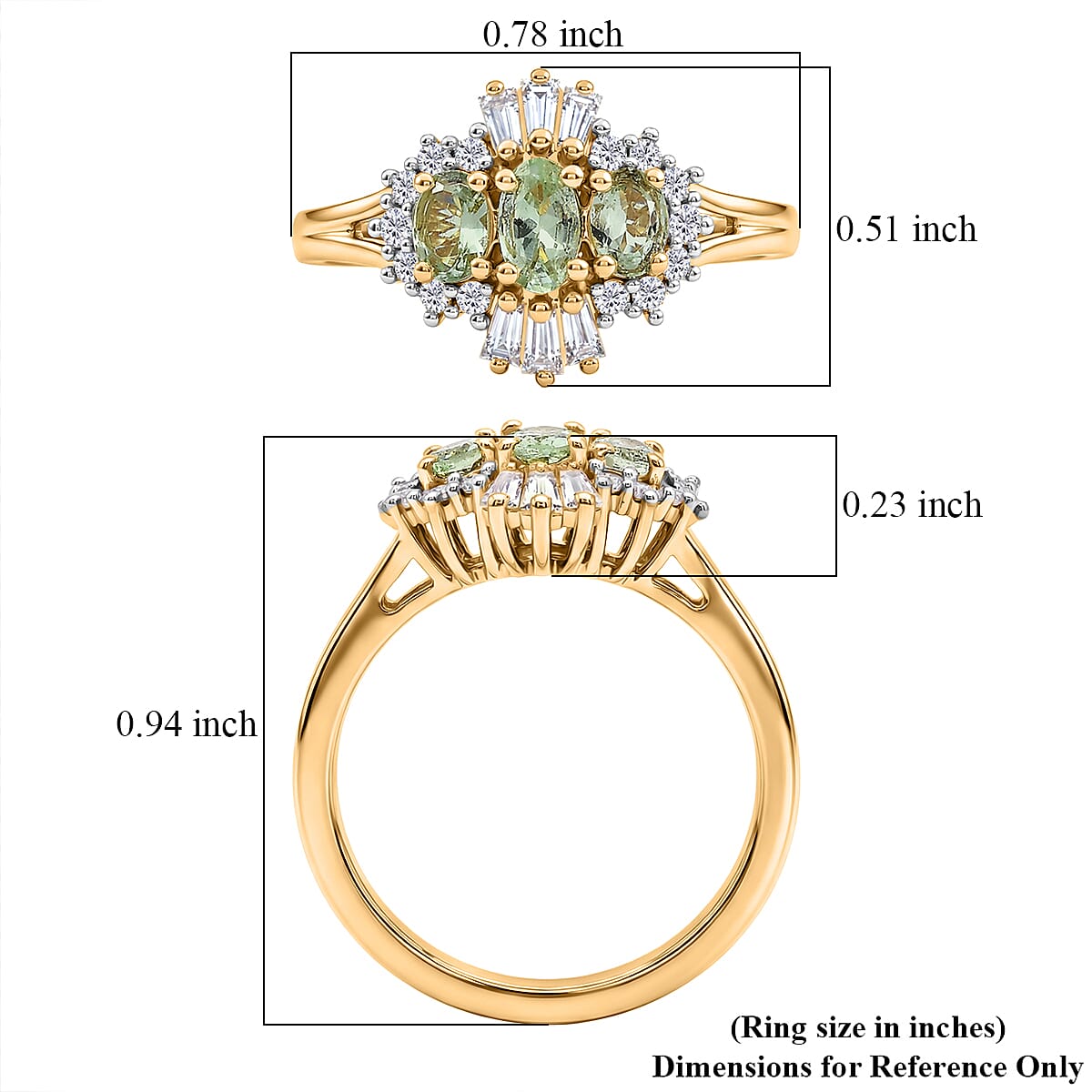 D'Joy Premium Tanzanian Mint Garnet and Moissanite 1.00 ctw Three-Stone Celebration Ring in 18K Vermeil Yellow Gold Over Sterling Silver (Size 10.0) image number 5
