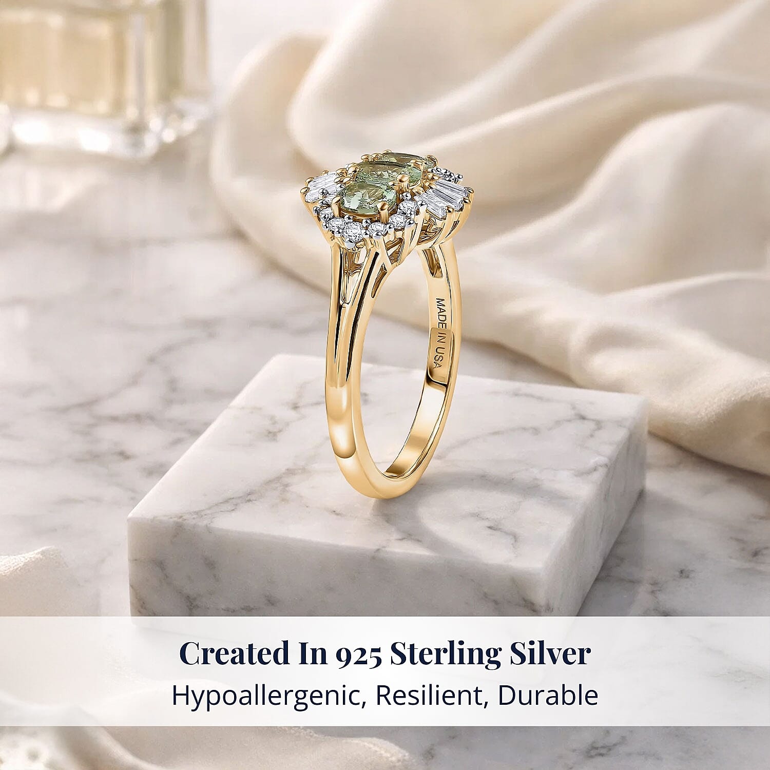 D'Joy Premium Tanzanian Mint Garnet and Moissanite 1.00 ctw Three-Stone Celebration Ring in 18K Vermeil Yellow Gold Over Sterling Silver (Size 7.0)