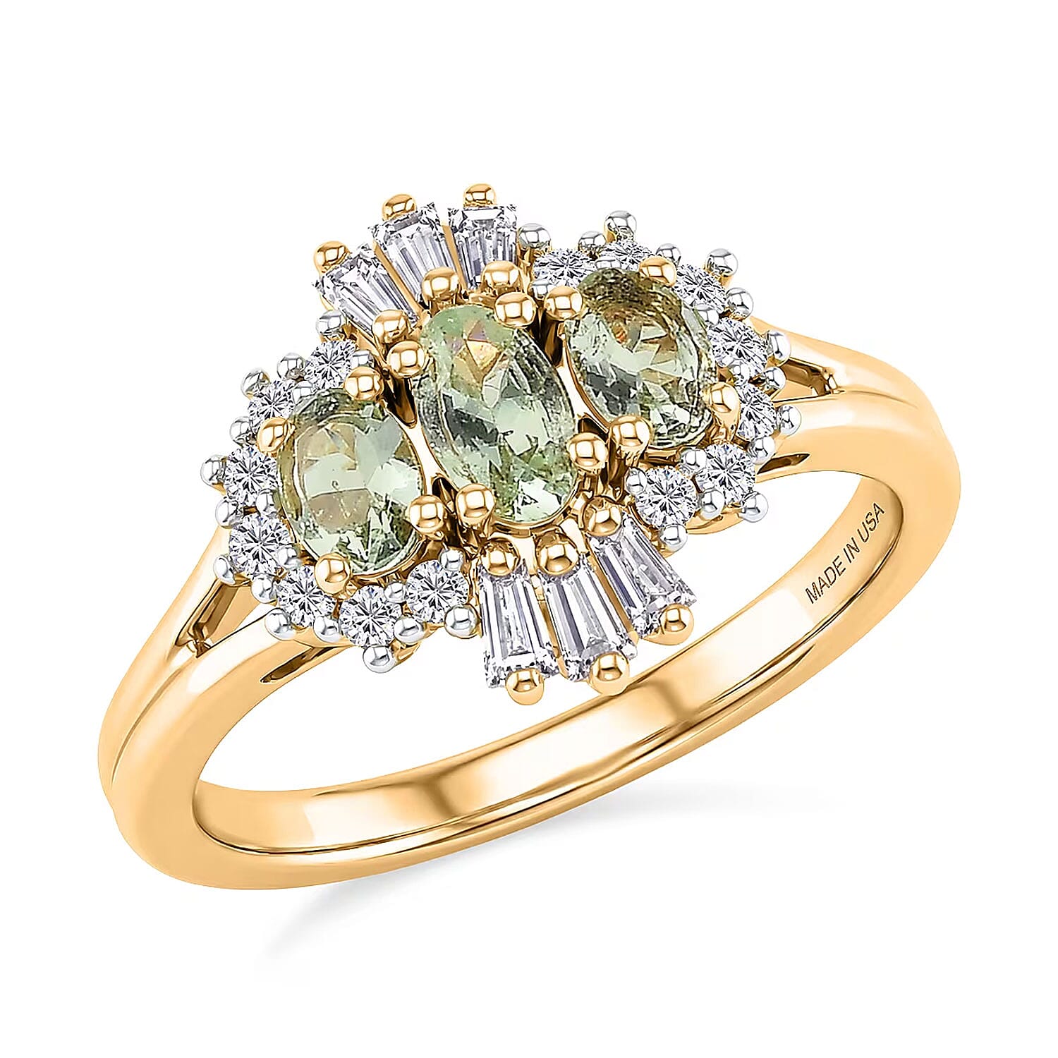 D'Joy Premium Tanzanian Mint Garnet, Moissanite Three-Stone Celebration Ring in 18K Vermeil YG Over Sterling Silver (Size 10.0) 1.00 ctw