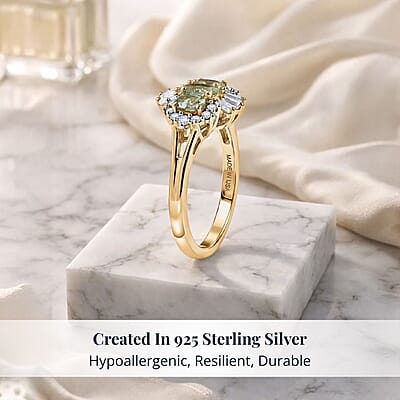 D'Joy Premium Tanzanian Mint Garnet and Moissanite 1.00 ctw Three-Stone Celebration Ring in 18K Vermeil Yellow Gold Over Sterling Silver (Size 8.0)