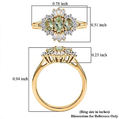D'Joy Premium Tanzanian Mint Garnet and Moissanite 1.00 ctw Three-Stone Celebration Ring in 18K Vermeil Yellow Gold Over Sterling Silver (Size 8.0)