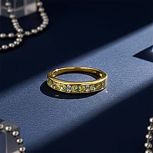 D'Joy Premium Tanzanian Mint Garnet and Moissanite 1.00 ctw Band Ring in 18K Vermeil Yellow Gold Over Sterling Silver (Size 5.0)