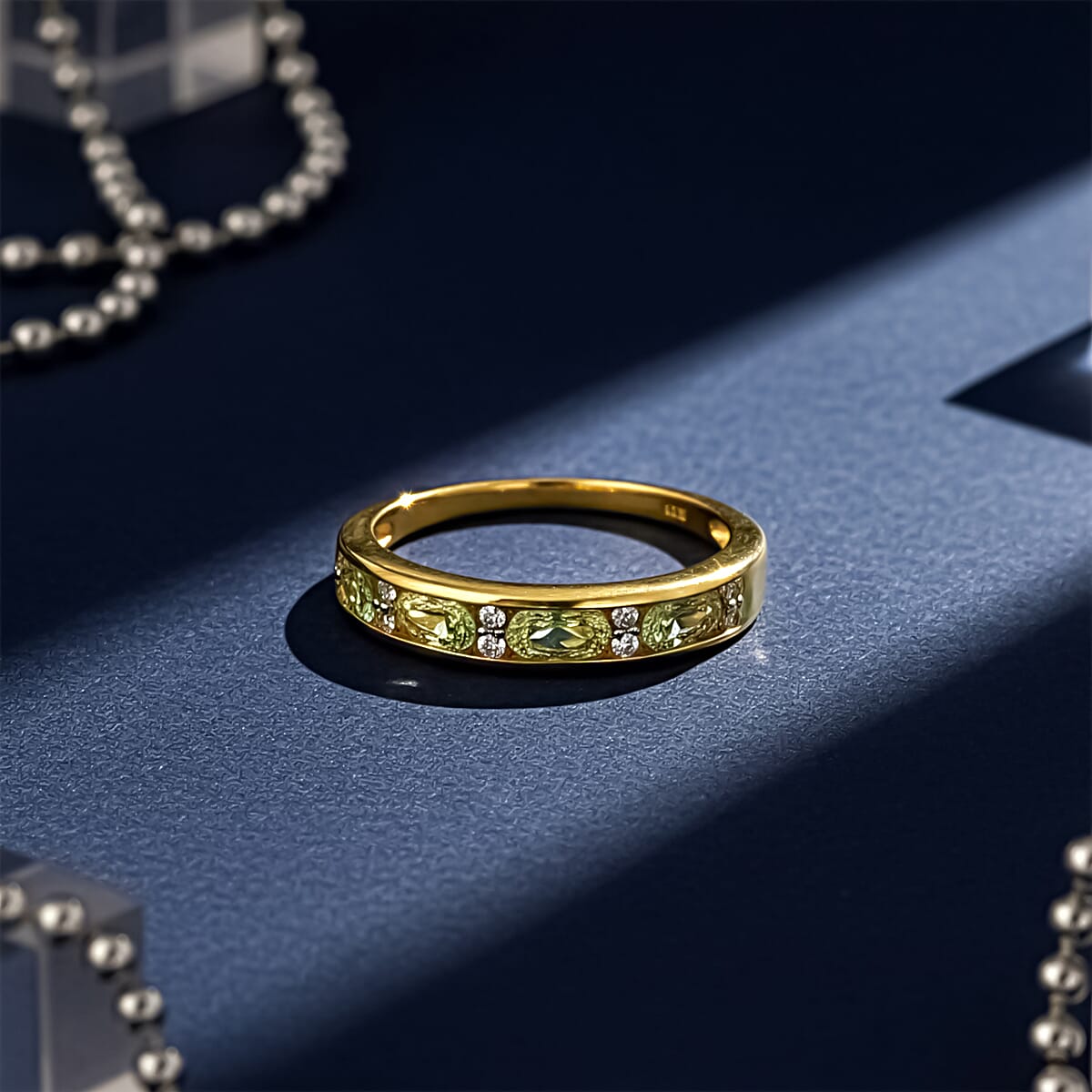 D'Joy Premium Tanzanian Mint Garnet and Moissanite 1.00 ctw Band Ring in 18K Vermeil Yellow Gold Over Sterling Silver (Size 8.0) image number 1