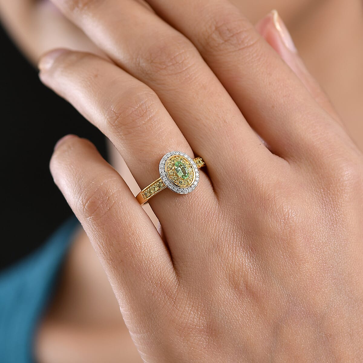 D'Joy Premium Tanzanian Mint Garnet, Multi Gemstone Ring in 18K Vermeil YG Over Sterling Silver (Size 10.0) 0.75 ctw image number 2