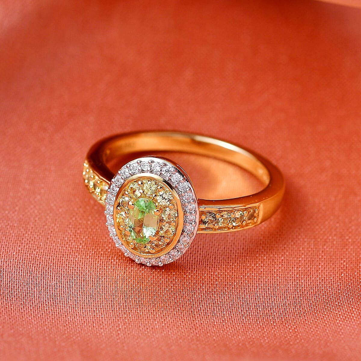 D'Joy Premium Tanzanian Mint Garnet and Multi Gemstone 0.75 ctw Celebration Halo Ring in 18K Vermeil Yellow Gold Over Sterling Silver (Size 5.0) image number 1