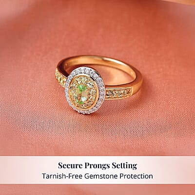 D'Joy Premium Tanzanian Mint Garnet and Multi Gemstone 0.75 ctw Celebration Halo Ring in 18K Vermeil Yellow Gold Over Sterling Silver (Size 5.0)