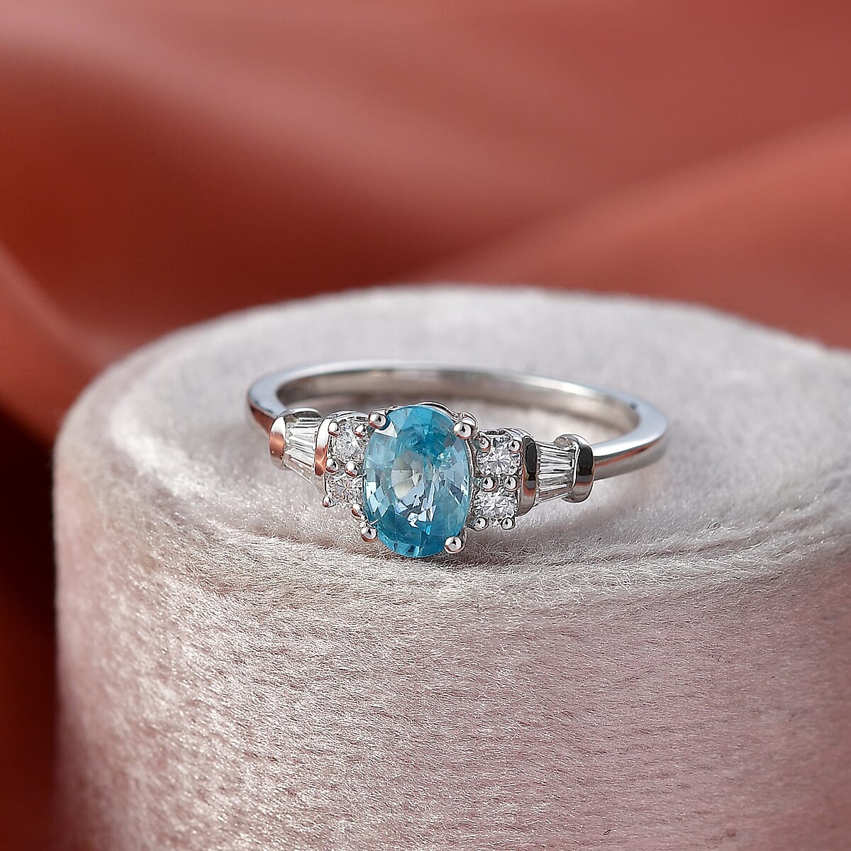 D'Joy Cambodian Blue Zircon and Moissanite 1.60 ctw Ring in Rhodium Over Sterling Silver (Size 10.0) image number 1