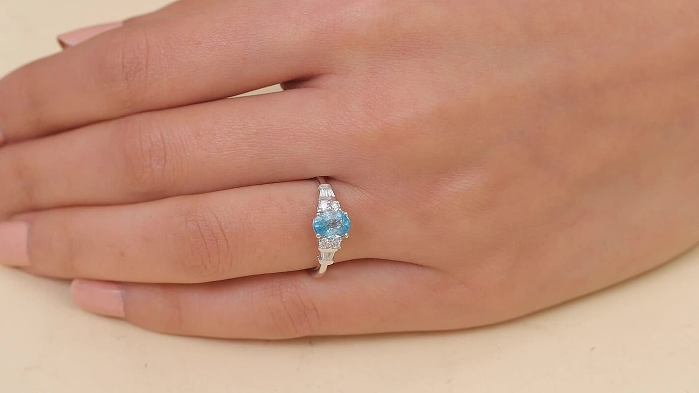 D'Joy Cambodian Blue Zircon, Moissanite Ring in Rhodium Over Sterling Silver (Size 10.0) 1.60 ctw