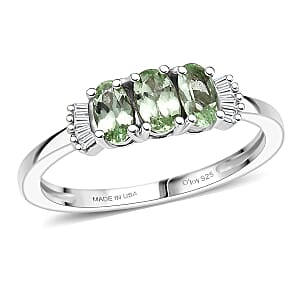 D'Joy Premium Tanzanian Mint Garnet and Diamond 0.75 ctw Three-Stone Promise Ring in Rhodium Over Sterling Silver (Size 10.0)