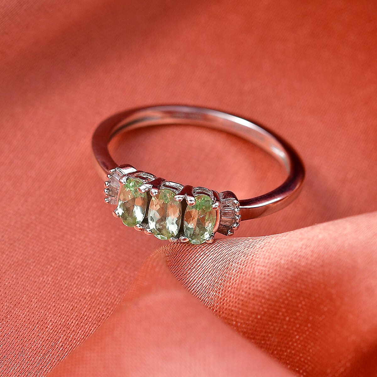 D'Joy Premium Tanzanian Mint Garnet and Diamond 0.75 ctw Three-Stone Promise Ring in Rhodium Over Sterling Silver (Size 10.0) image number 1