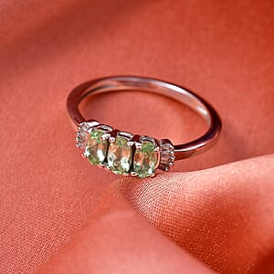 D'Joy Premium Tanzanian Mint Garnet and Diamond 0.75 ctw Three-Stone Promise Ring in Rhodium Over Sterling Silver (Size 10.0)