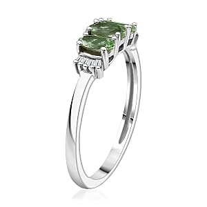 D'Joy Premium Tanzanian Mint Garnet and Diamond 0.75 ctw Three-Stone Promise Ring in Rhodium Over Sterling Silver (Size 10.0)