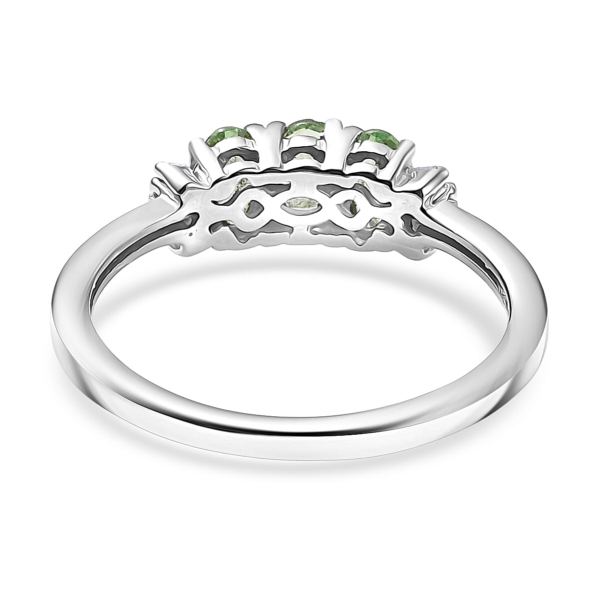D'Joy Premium Tanzanian Mint Garnet and Diamond 0.75 ctw Three-Stone Promise Ring in Rhodium Over Sterling Silver (Size 10.0) image number 4