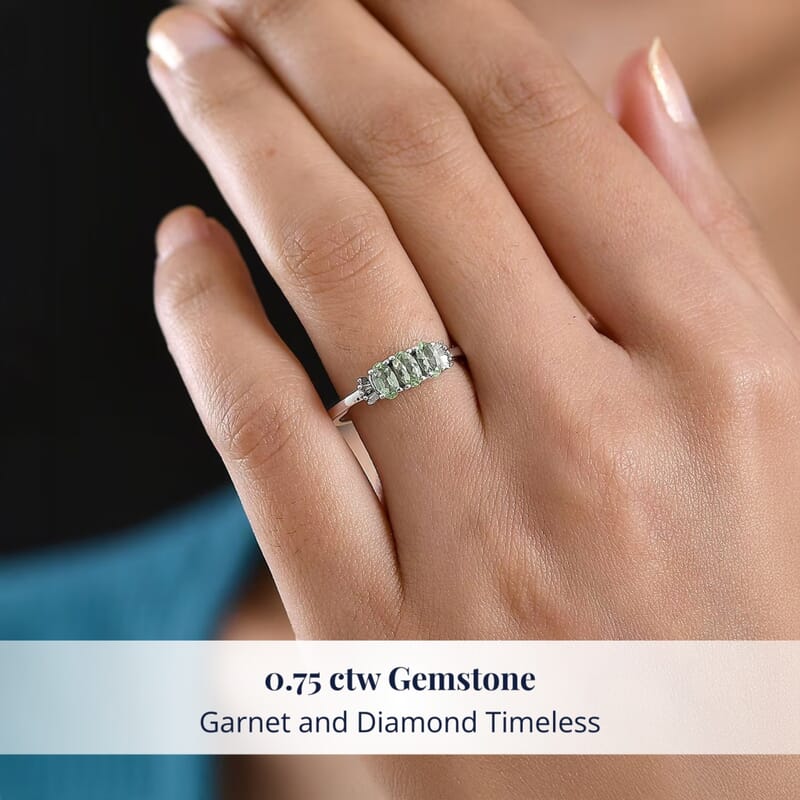 D'Joy Premium Tanzanian Mint Garnet and Diamond 0.75 ctw Three-Stone Promise Ring in Rhodium Over Sterling Silver (Size 5.0)