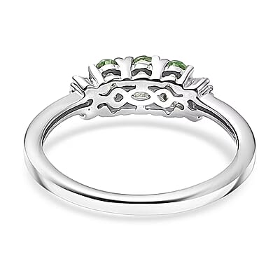 D'Joy Premium Tanzanian Mint Garnet and Diamond 0.75 ctw Three-Stone Promise Ring in Rhodium Over Sterling Silver (Size 5.0)