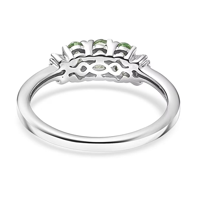 D'Joy Premium Tanzanian Mint Garnet and Diamond 0.75 ctw Three-Stone Promise Ring in Rhodium Over Sterling Silver (Size 5.0)