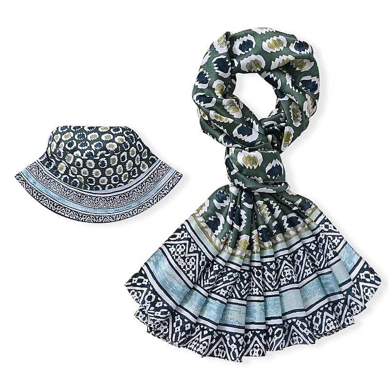 La Marey Green Silk Set of Scarf and Bucket Hat