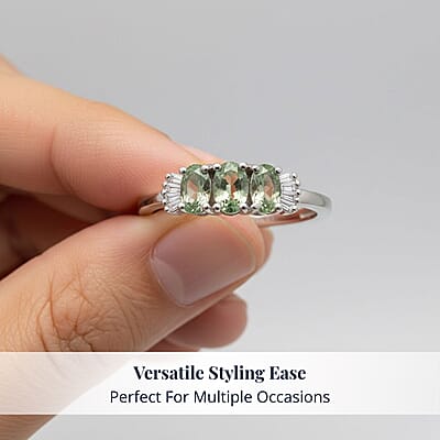D'Joy Premium Tanzanian Mint Garnet and Diamond 0.75 ctw Three-Stone Promise Ring in Rhodium Over Sterling Silver (Size 6.0)