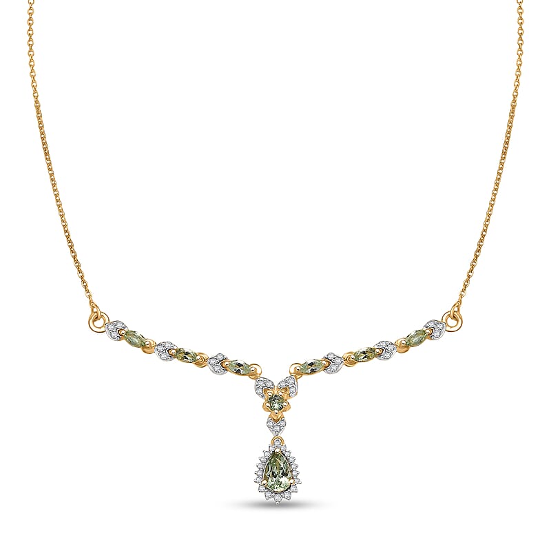 D'Joy Premium Tanzanian Mint Garnet and Moissanite 1.30 ctw Pear Drop Necklace in 18K Vermeil Yellow Gold Over Sterling Silver 18-20 Inches