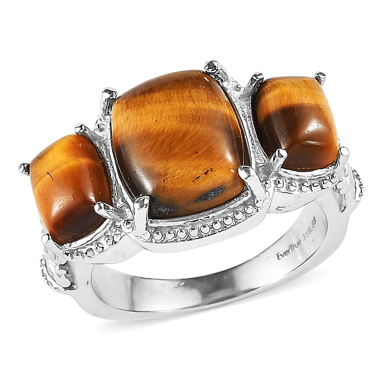 EverTrue Tigers Eye 3 Stone Ring in Stainless Steel (Size 10.0) 9.50 ctw