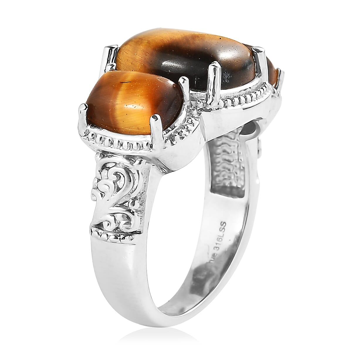EverTrue Tigers Eye 3 Stone Ring in Stainless Steel (Size 10.0) 9.50 ctw