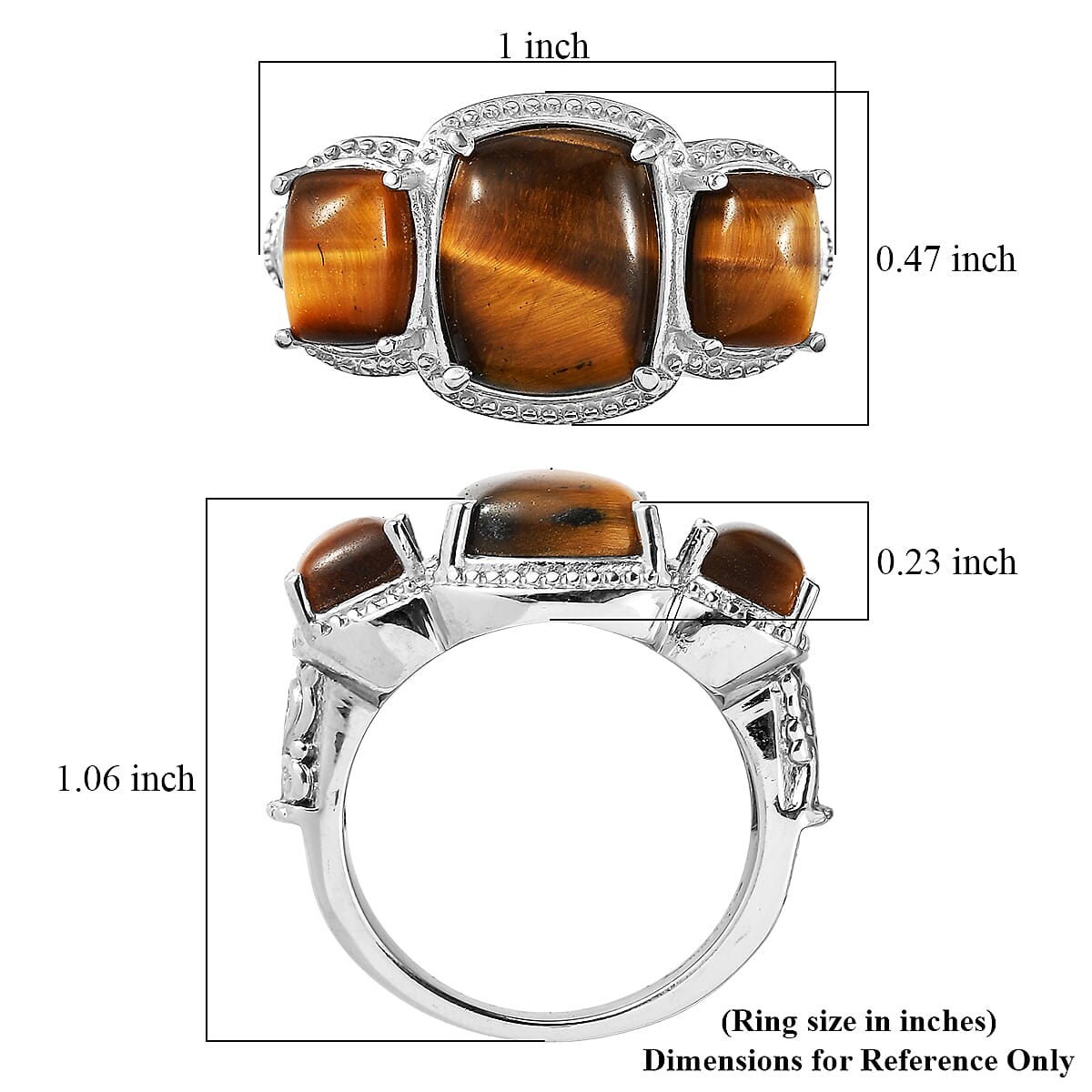 EverTrue Tigers Eye 3 Stone Ring in Stainless Steel (Size 10.0) 9.50 ctw