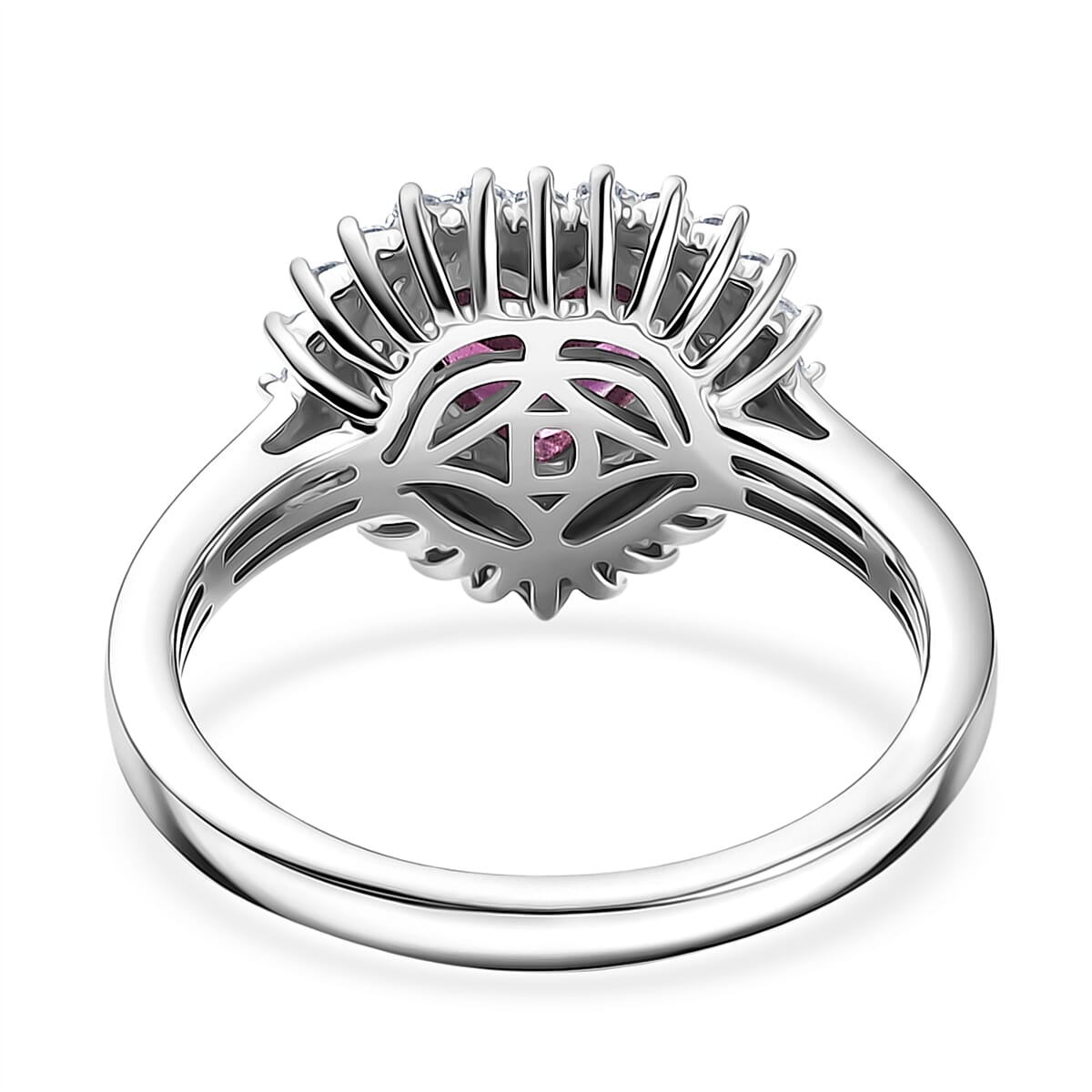 D'Joy AAA Radiant Ember Garnet and Moissanite 1.80 ctw Heart Royale Ring in Rhodium Over Sterling Silver (Size 10.0)