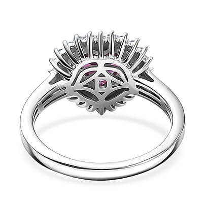 D'Joy AAA Radiant Ember Garnet and Moissanite 1.80 ctw Heart Royale Ring in Rhodium Over Sterling Silver (Size 10.0)
