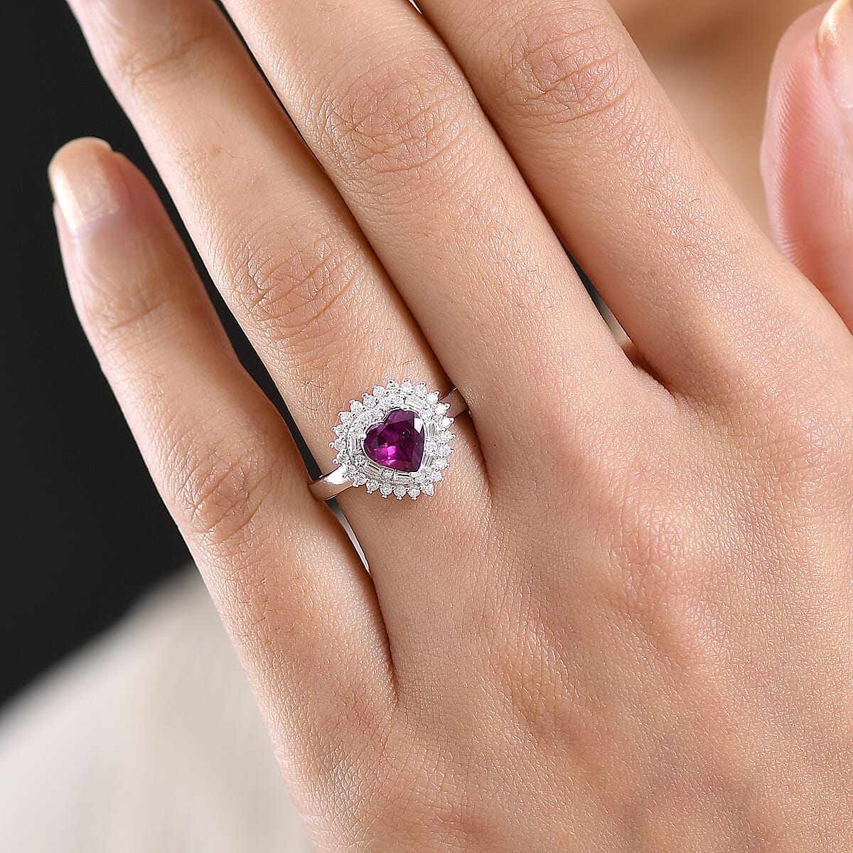 D'Joy AAA Radiant Ember Garnet and Moissanite 1.80 ctw Heart Royale Ring in Rhodium Over Sterling Silver (Size 5.0) image number 2