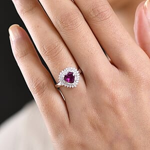D'Joy AAA Radiant Ember Garnet and Moissanite 1.80 ctw Heart Royale Ring in Rhodium Over Sterling Silver (Size 5.0)