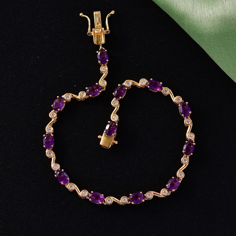 EverTrue African Amethyst, White Zircon 5.60 ctw Bracelet in 18K YG Plated (7.25 In)