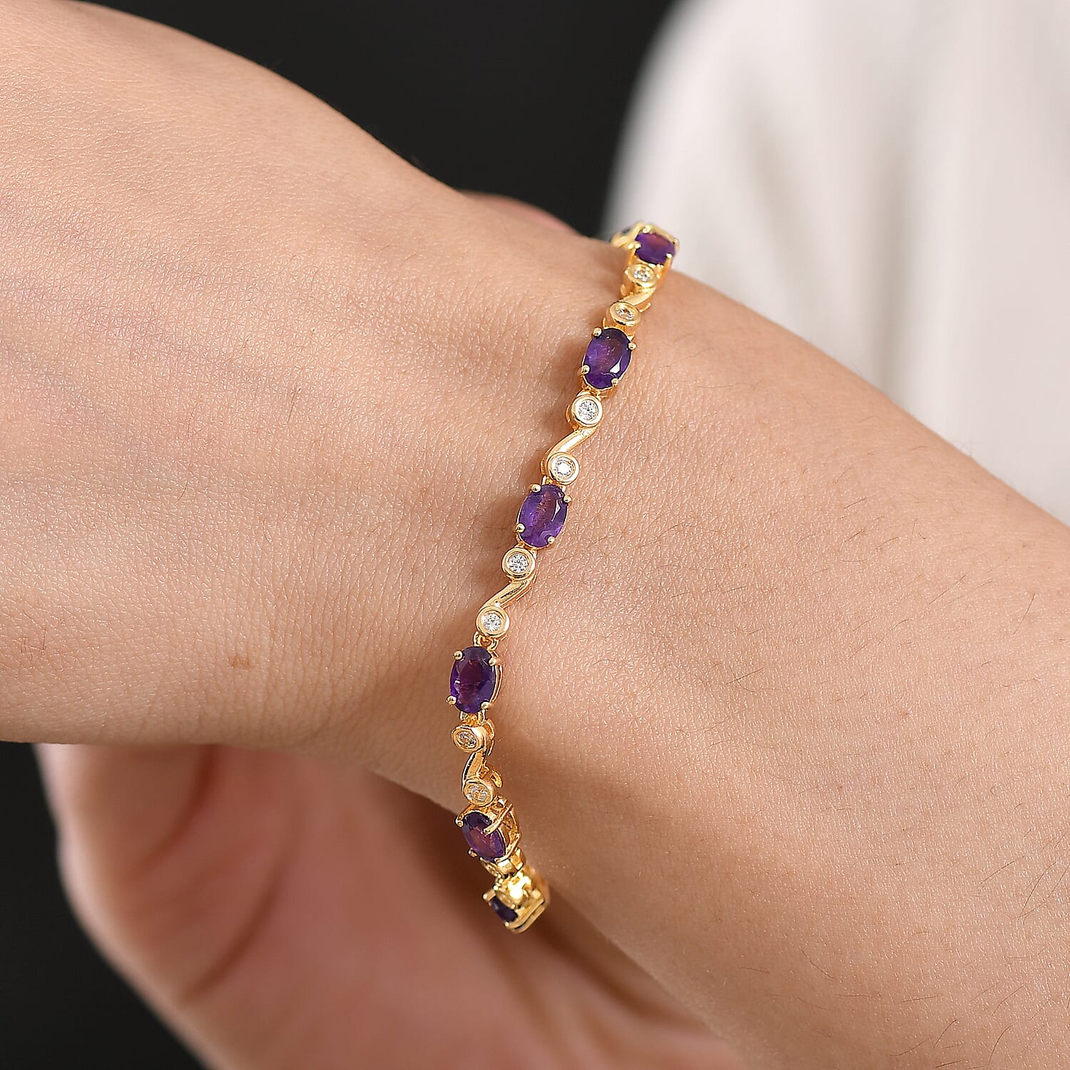 EverTrue African Amethyst, White Zircon 5.60 ctw Bracelet in 18K YG Plated (7.25 In)