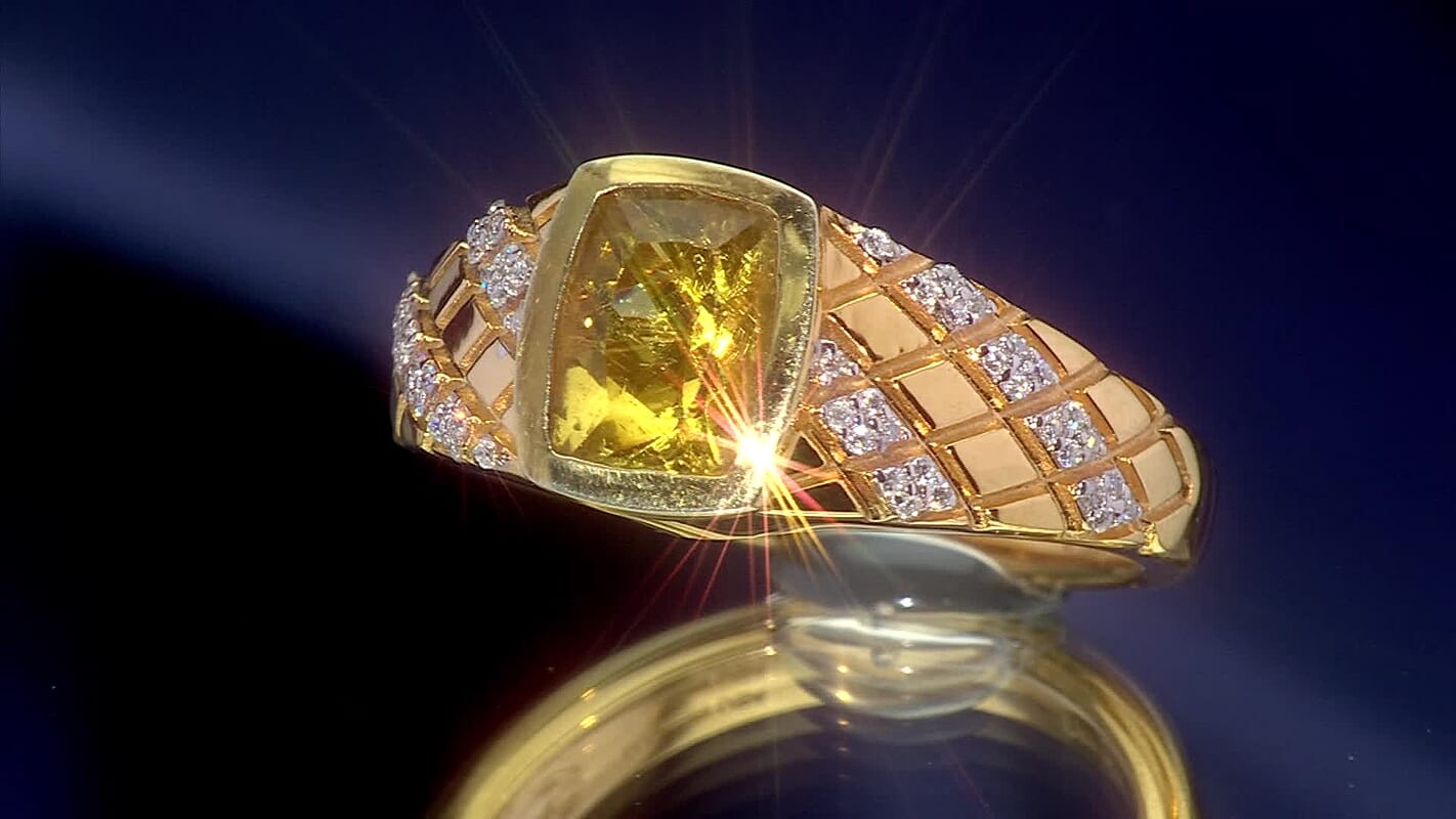 D'Joy Premium Golden Apatite, Moissanite Men's Ring in 18K Vermeil YG Over Sterling Silver (Size 10.0) 2.40 ctw