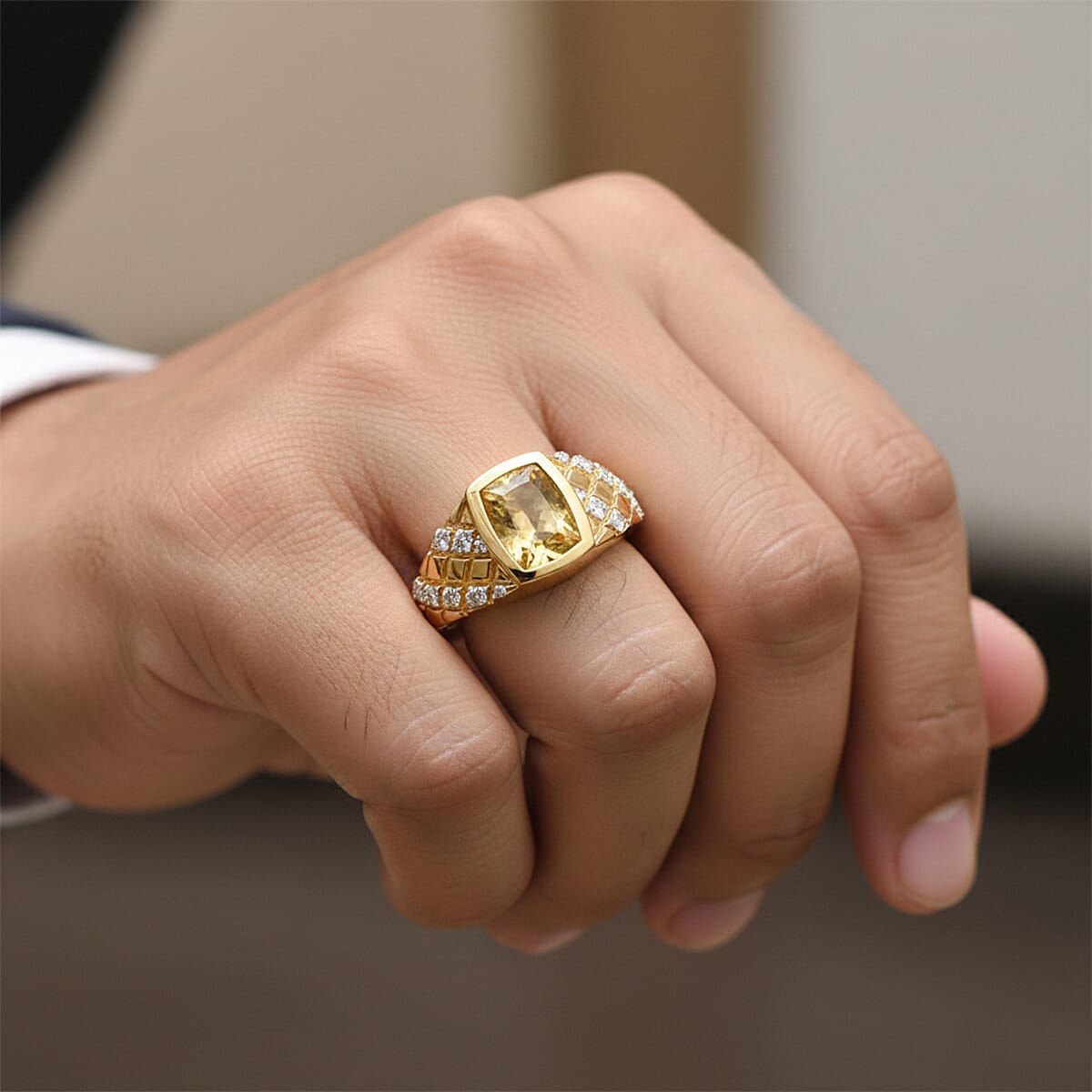 D'Joy Premium Golden Apatite and Moissanite 2.40 ctw Men's Ring in 18K Vermeil Yellow Gold Over Sterling Silver (Size 10.0) image number 2