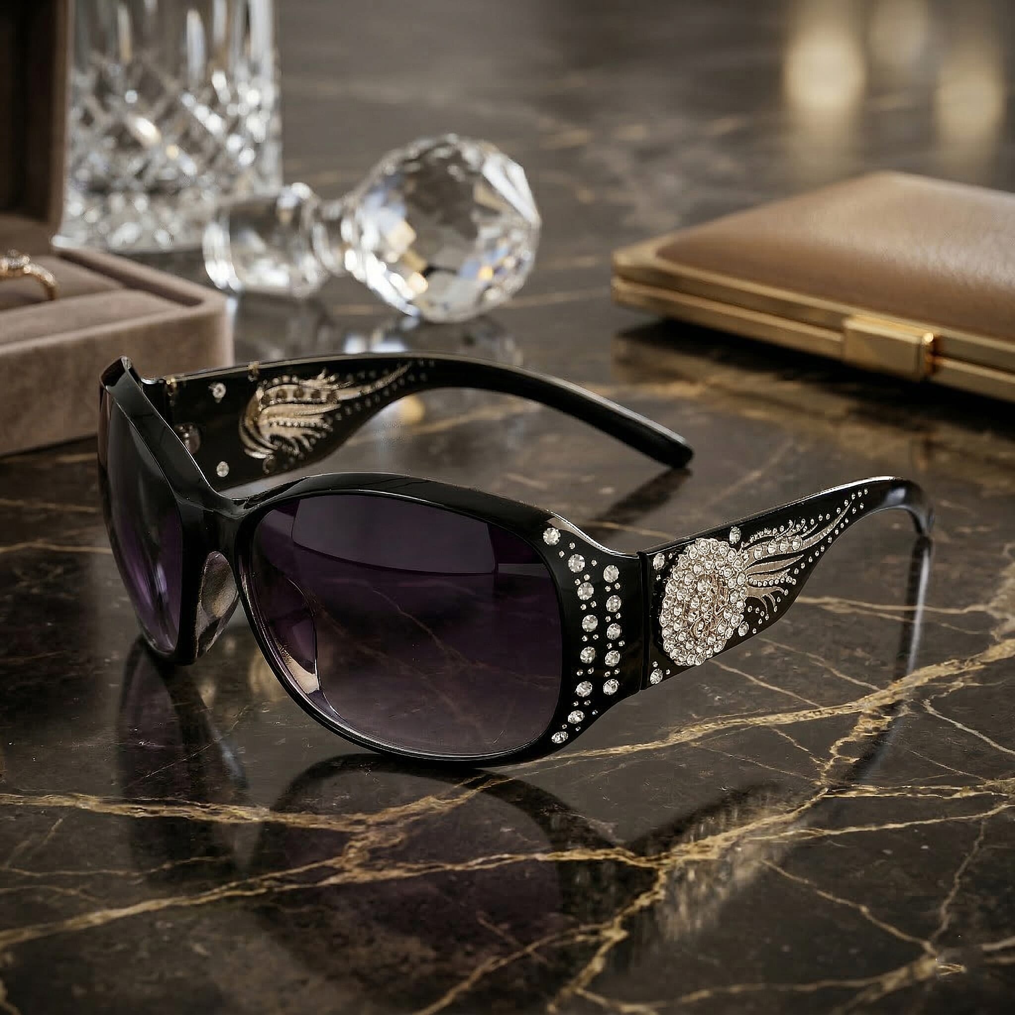Livmore Black UV400 Rhinestone Sunglasses with Case